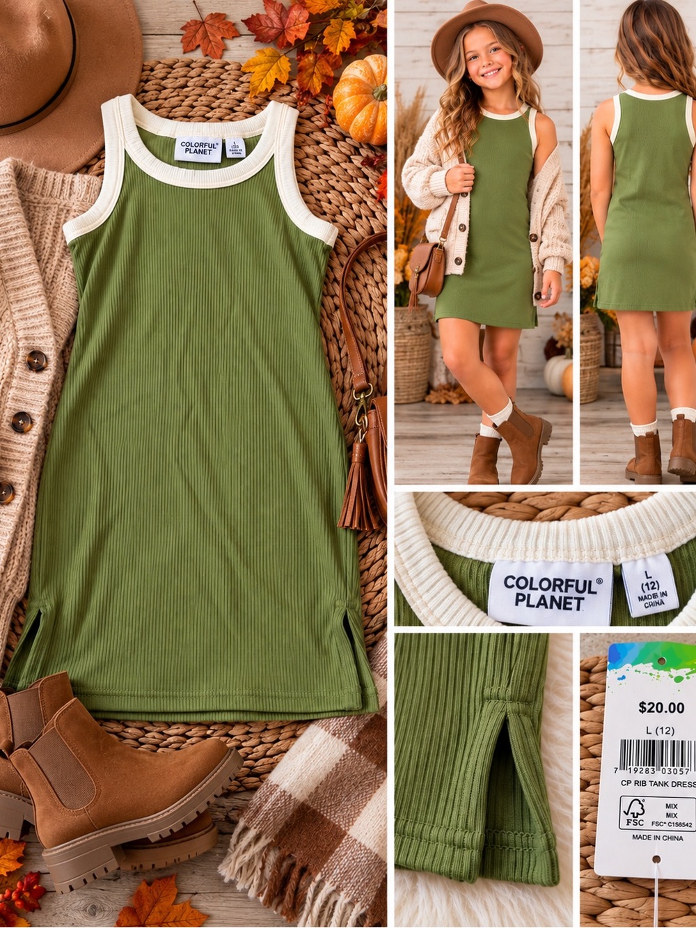 Colorful Planet Girls’ Olive Ribbed Tank Dress – Size L (12) 💚